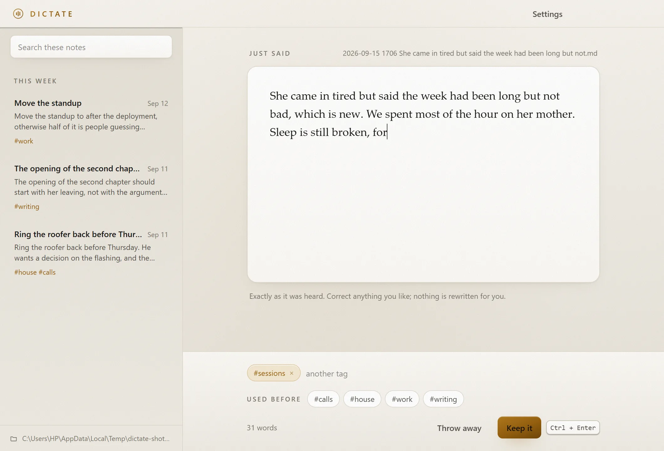 A transcribed note on a lit page, with the file name it will be saved as shown above it and a box for tags underneath.