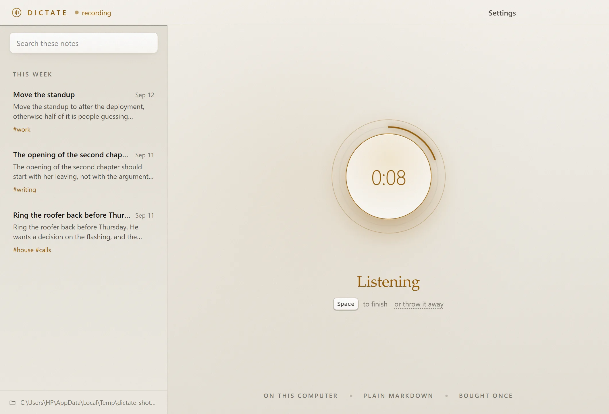 The Dictate window while recording: a glowing round microphone button with a level ring, a running timer, and the list of notes on the left.