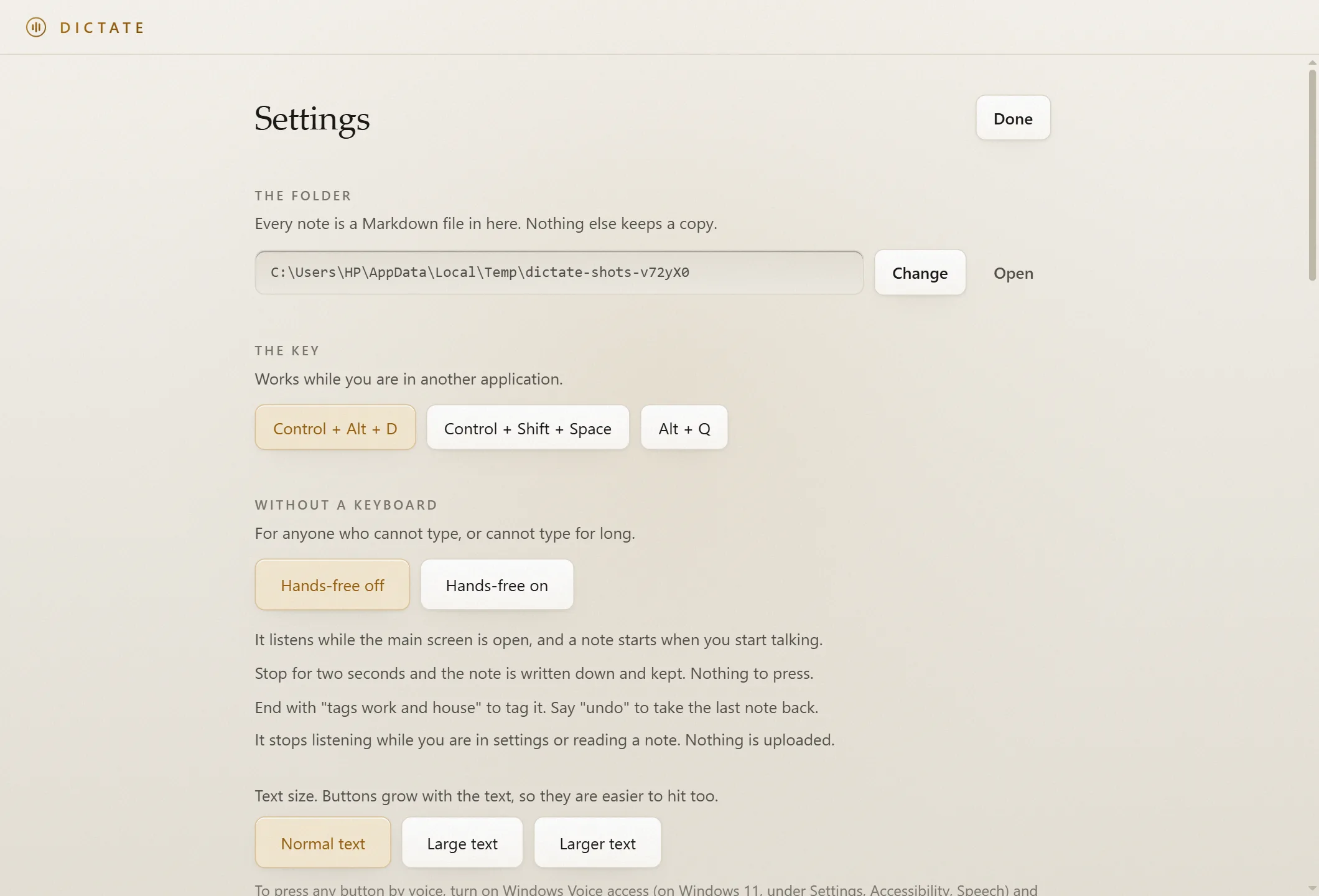 The settings screen: the notes folder with Change and Open buttons, a choice of three global keys, a switch for putting the opening words in file names, and the Night and Paper themes.